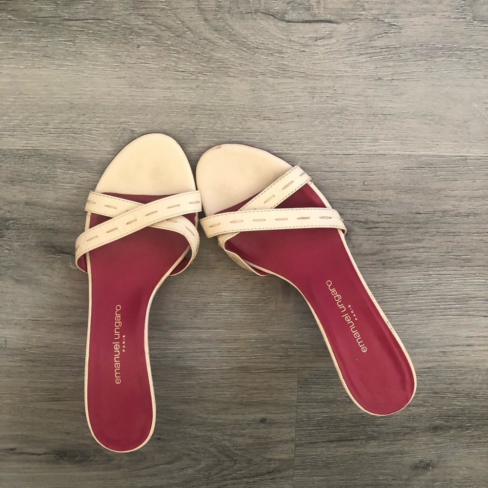 **SOLD** Emanuel Ungaro Cream and Red Sandals with Bow Design